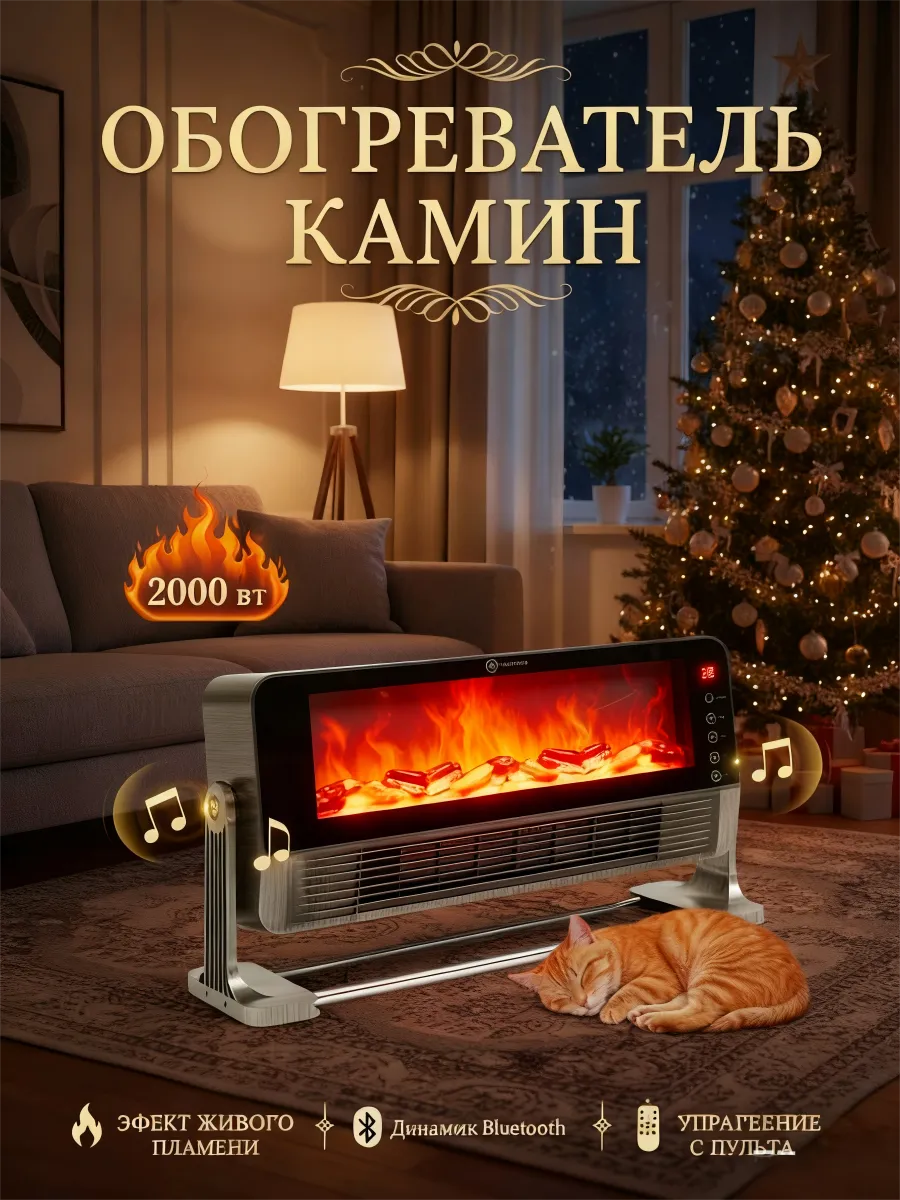 Обогреватель камин электрический с Bluetooth и Пламенем
